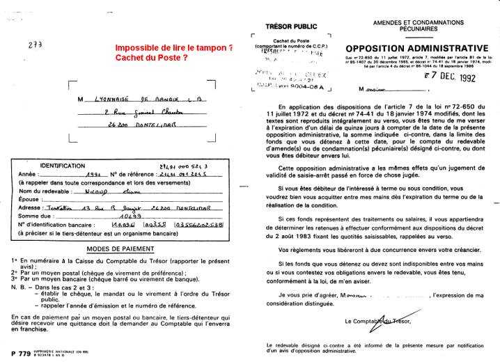 09 DEC. 1992 - Lettre du Tr�sor Public Valence � /S.L.Banque - Opposition Administrative