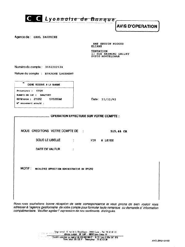 21 DEC. 1992 - SLB. Mainlev�e d'opposition administrative du Tr�sor Public -