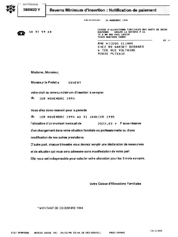 24-11-1994 : La CAF informe la requ�rante de l'attribution du RMI par Monsieur le Pr�fet.