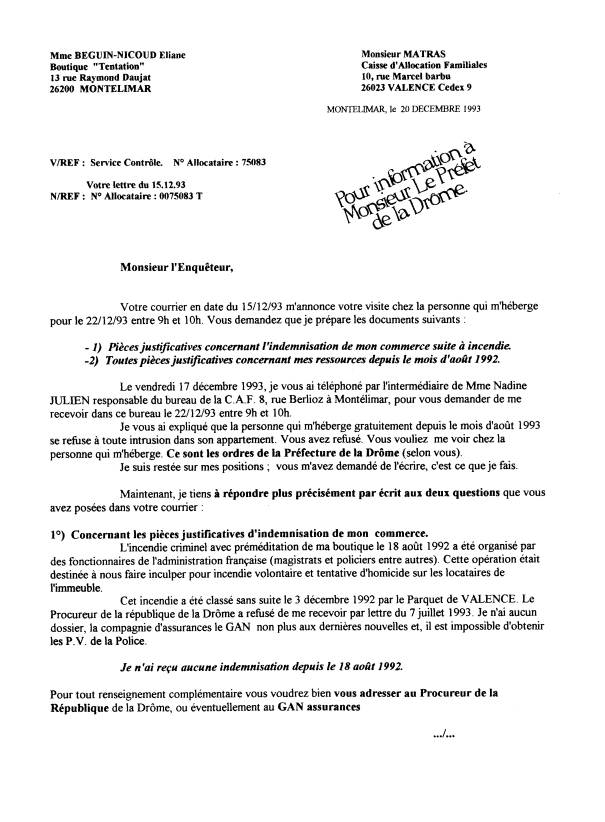 lettre à Matra enquêteur caf