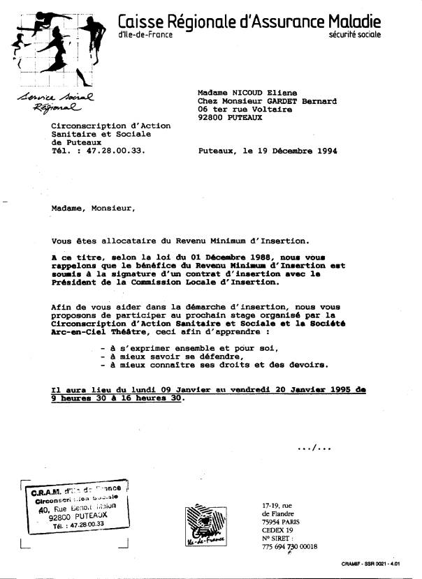 stage organis� par la Circonscription d'Action Sanitaire et Sociale et la Soci�t� Arc-en-Ciel Th��tre 1