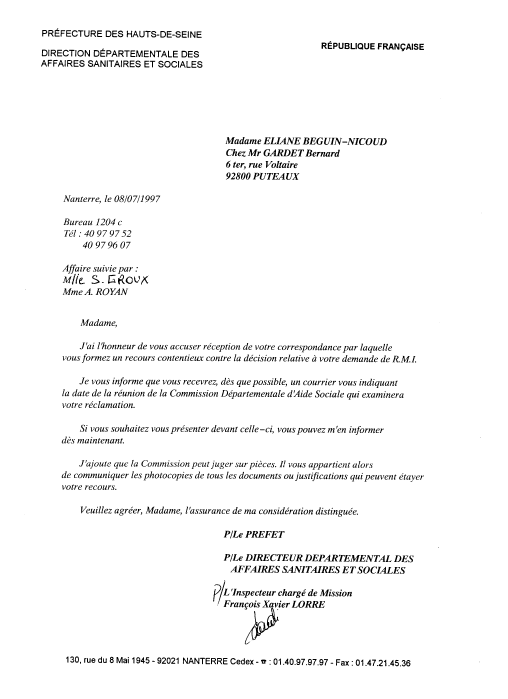 08 jullet 1997 - DDASS - Accuse r�cept. recours contentieux contre d�cision RMI 