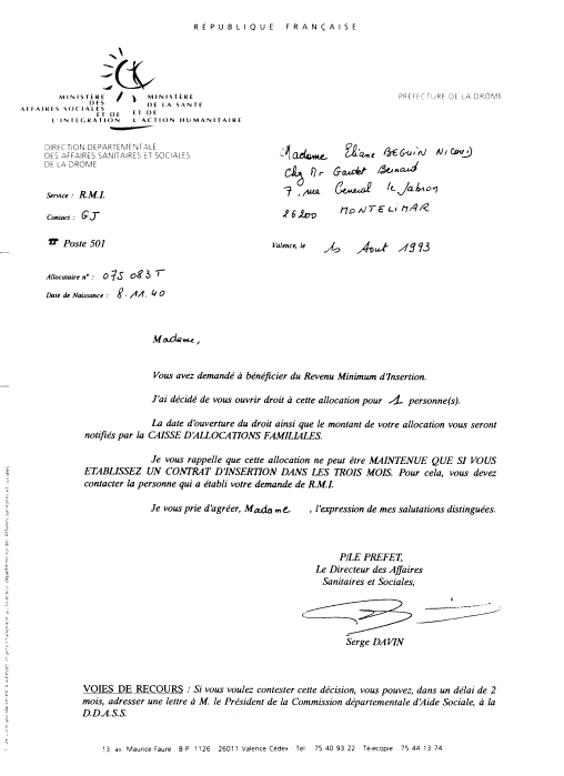 Lettre de Serge DAVIN Directeur des Affaires Sanitaires et Sociales