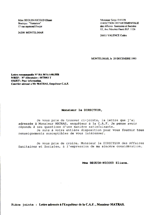  Lettre � Serge DAVIN concernant MATRAS enqu�teur de la C.A.F.