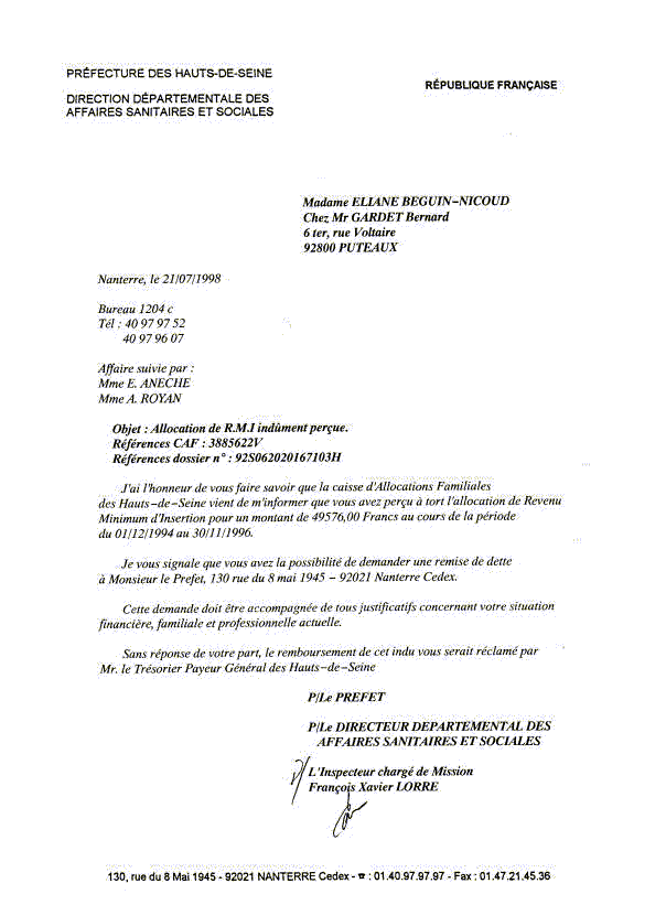 21 juillet 1998: La DDASS de Nanterre Hauts-de-Seine me r�clame 49.576 francs
