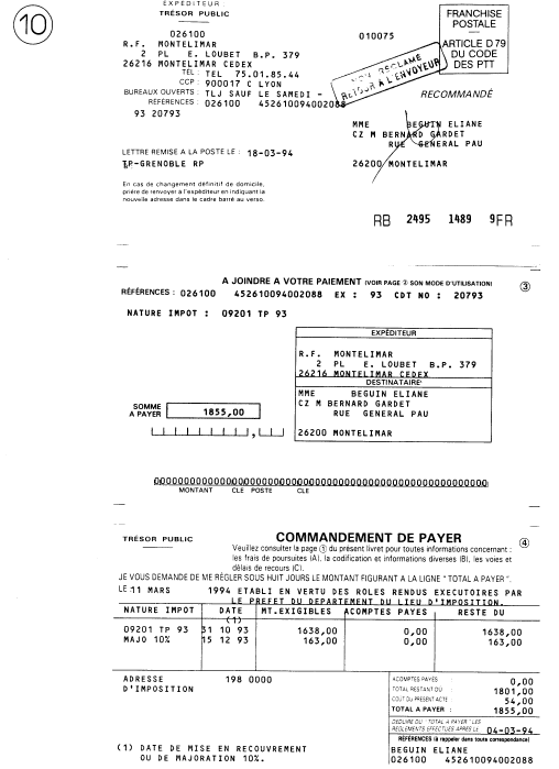 11 Mars 1994 - pièce (9) à l'intérieur se trouve envoi recommandé pièce (10) -