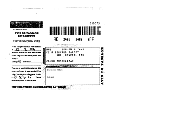 22 mars 1994 - Je reçois un avis de lettre recommandée