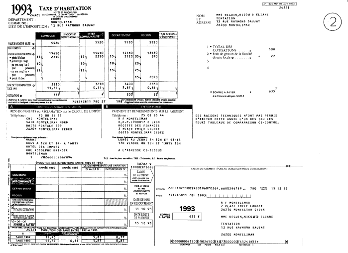 23/10/1993 - Re�ois taxe habitation appartement 