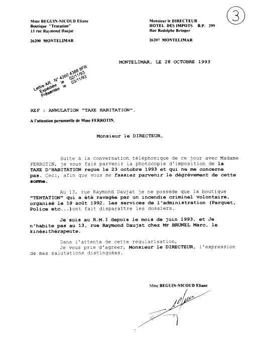 28 octobre 1993 - J'adresse demande annulation aux Imp�ts -