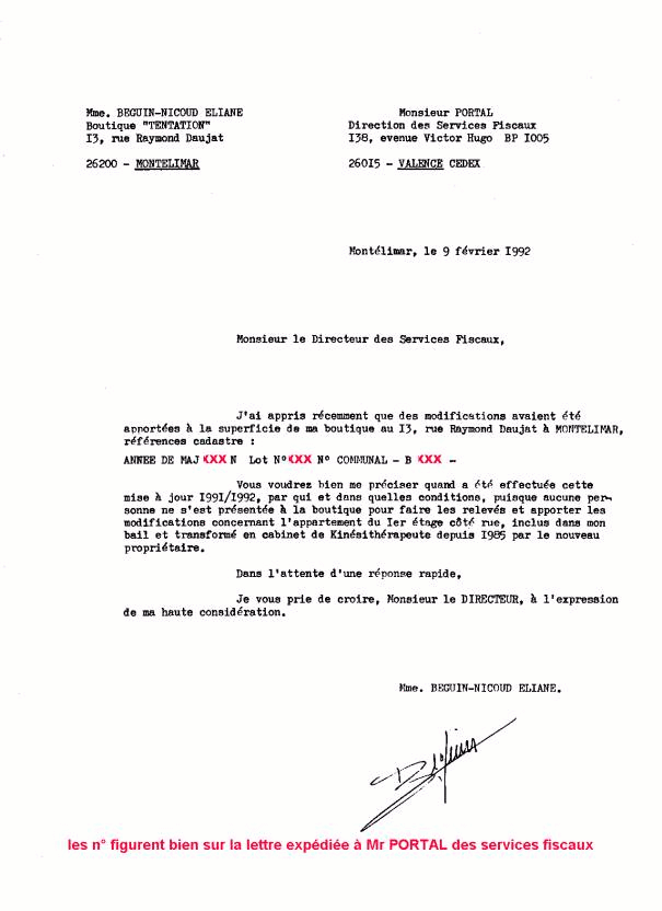 09 FEV. 1992 - Lettre AR. � Mr PORTAL Services Fiscaux de Valence