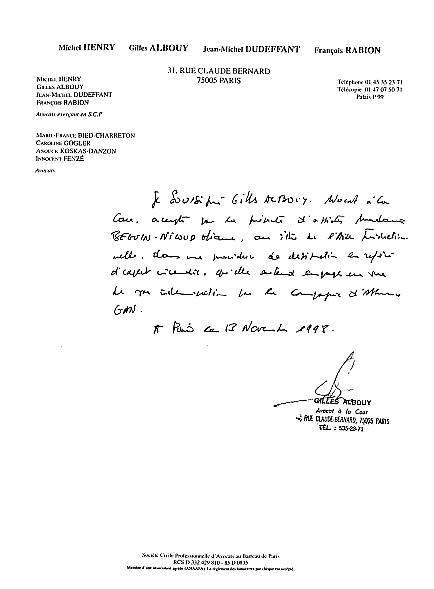  13/11/1998 - Lettre de Ma�tre ALBOUY Gilles pour ma demande d'Aide Juridictionnelle