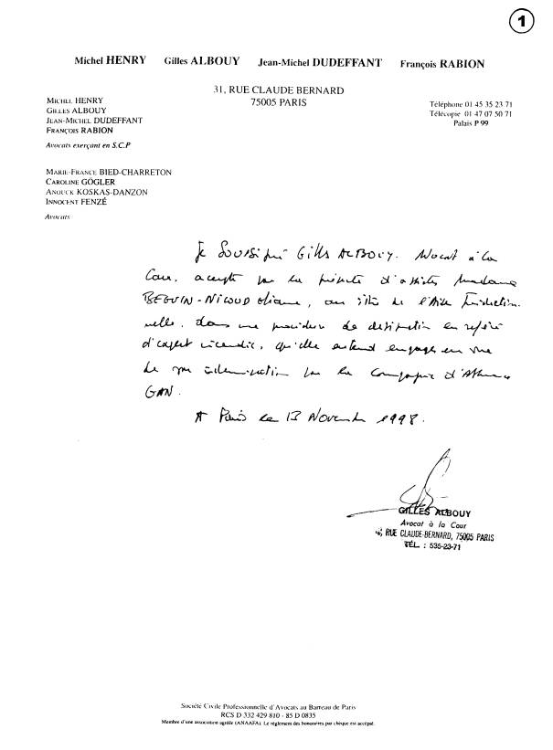 13/11/1998 - Lettre de Ma�tre ALBOUY pour ma demande d'Aide Juridictionnelle.