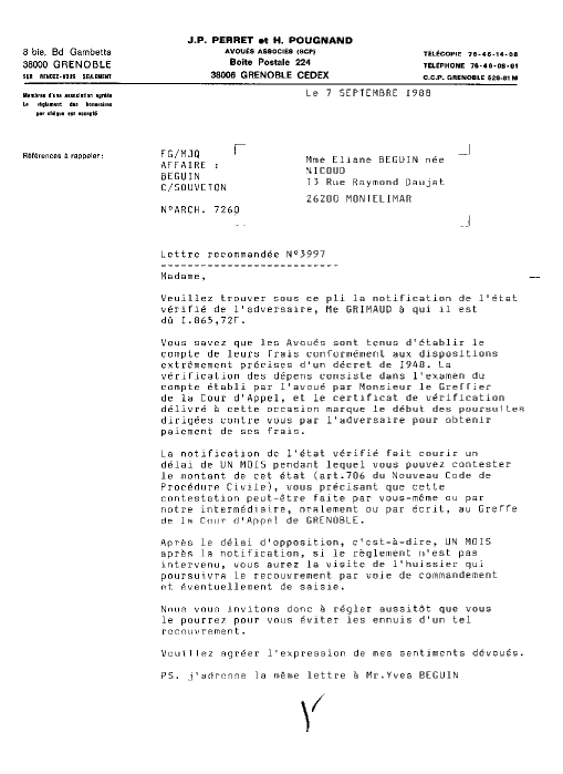 07 SEP. 1988 - Mise en demeure de payer 1.865,72 Frs a GRIMAUD pour l'arr�t du 26 ao�t 1987 au nom de Souveton qui a vendu mon chien ulric