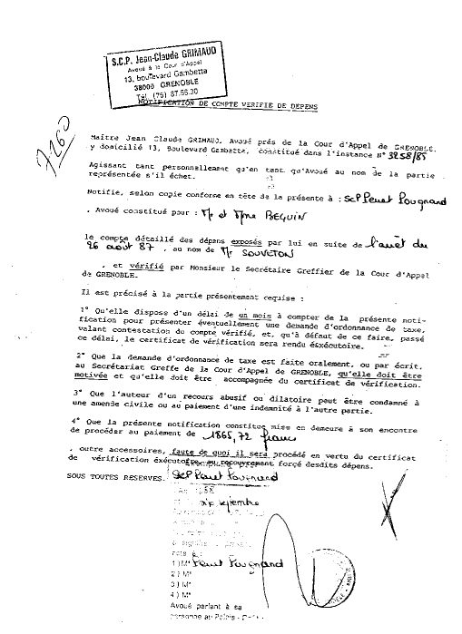 07 SEP. 1988 - Mise en demeure de payer 1.865,72 Frs a GRIMAUD pour l'arr�t du 26 ao�t 1987 au nom de Souveton qui a vendu mon chien ulric
