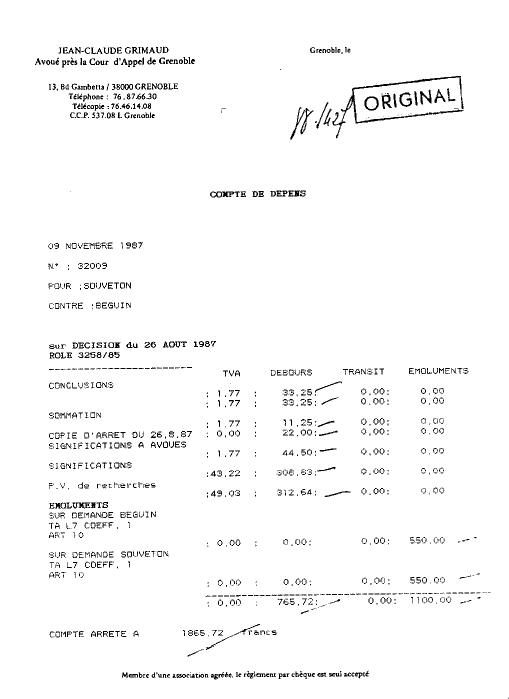 07 SEP. 1988 - Mise en demeure de payer 1.865,72 Frs a GRIMAUD pour l'arr�t du 26 ao�t 1987 au nom de Souveton qui a vendu mon chien ulric