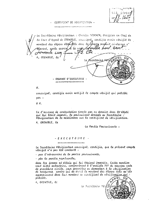 07 SEP. 1988 - Mise en demeure de payer 1.865,72 Frs a GRIMAUD pour l'arr�t du 26 ao�t 1987 au nom de Souveton qui a vendu mon chien ulric
