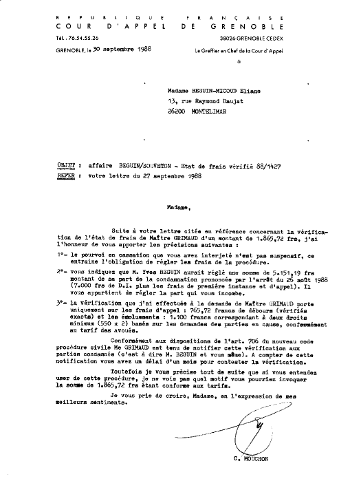 30 Septembre 1988 - R�ponse du Greffier Chef  Mouchon - V�rification / Etat des Frais de GRIMAUD.