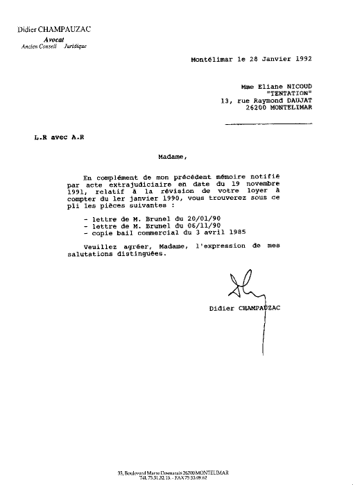 Lettre de Didier Champauzac - Ancien Conseil Juridique - Avocat au Barreau de Valence