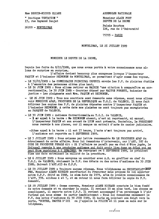 21 juillet 1989 - Lettre au d�put� Alain Fort - je lui signale que le Greffier Hazane du TGI. de Valence � un Code qui date de 1979 - page1