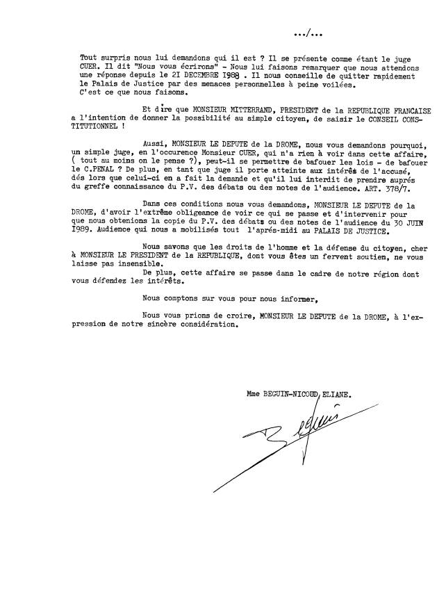 21 juillet 1989 - Lettre au d�put� Alain Fort - je lui signale que le Greffier Hazane du TGI. de Valence � un Code qui date de 1979 - page2