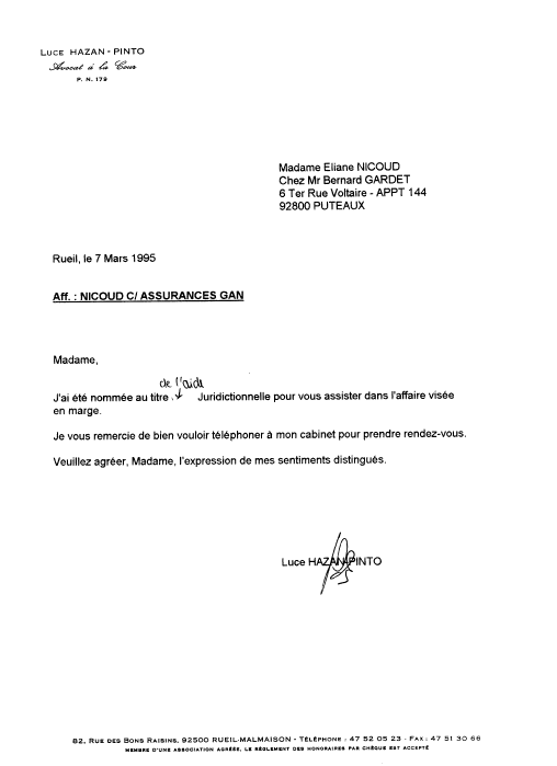 Je reçois un courrier de Luce Hazan-Pinto avocate à Nanterre