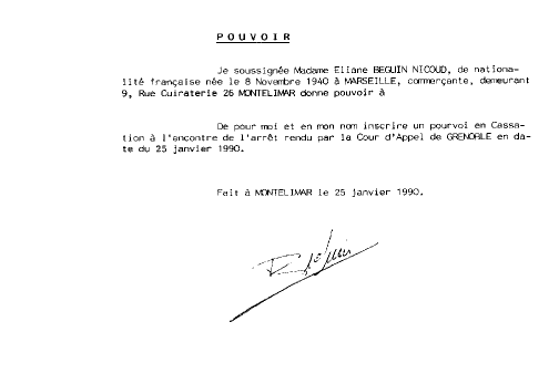 Ribeyre D'Abrigeon + POURVOI contre l'arret rendu par la Cour d'Appel de Grenoble le 25 janvier 1990 - &agrave; signer