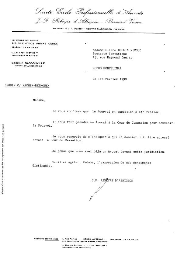 01 FEV. 1990 - Avocat - Lettre de Ribeyre D'Abrigeon - Privas [Ard&eacute;che] - A r&eacute;alis&eacute; Pourvoi - Demande de prendre  Avocat  Cour  Cassation 