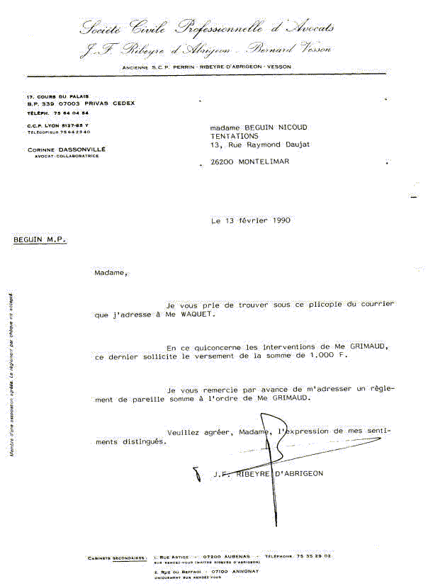 copie de la lettre �  Waquet Philippe avocat � la Cour de Cassation Paris