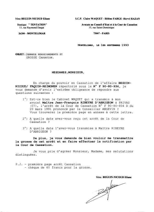  01 SEP. 1993 - j'�cris une lettre avec A.R. � la SCI.Waquet Claire - Farge H�l�ne - Herv� Hazan