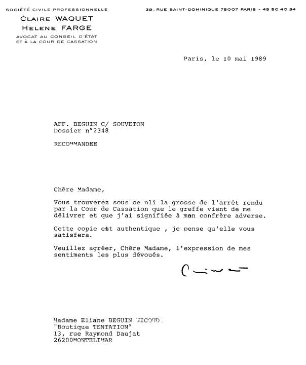 10 mai 1989 - Lettre AR.1022 de Claire WAQUET - Grosse Arr�t rendu par Cour de Cassation