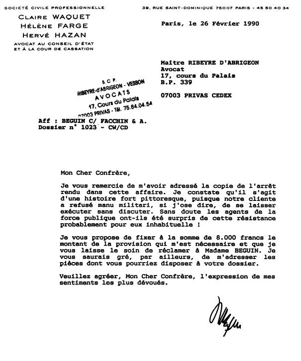 Lettre de Waquet Claire du 26 f&eacute;vrier 1990