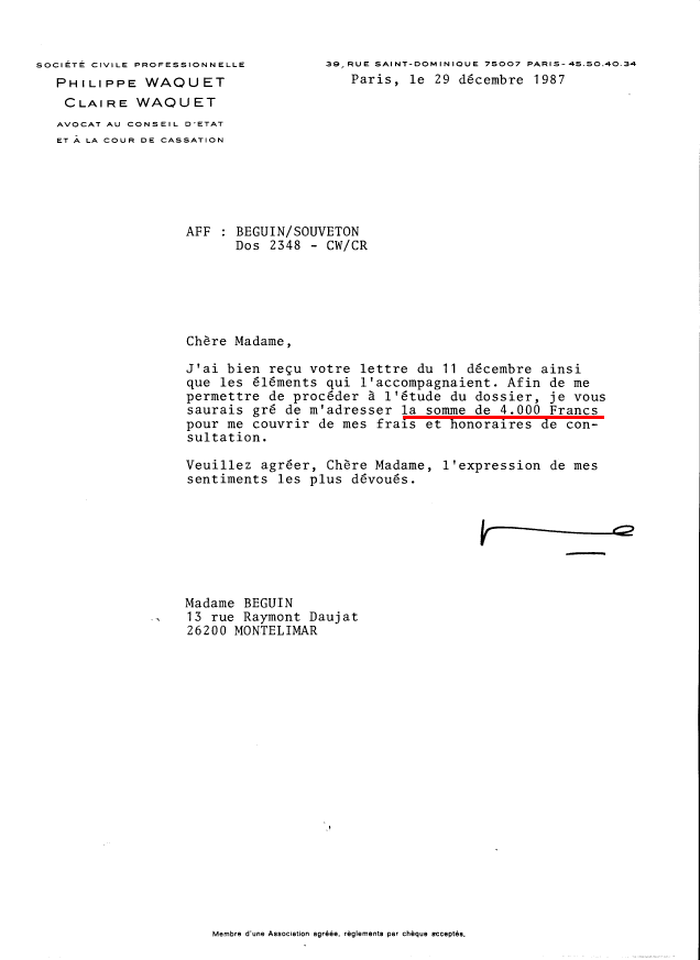 Lettre de Waquet du 29 d&eacute;cembre 1987