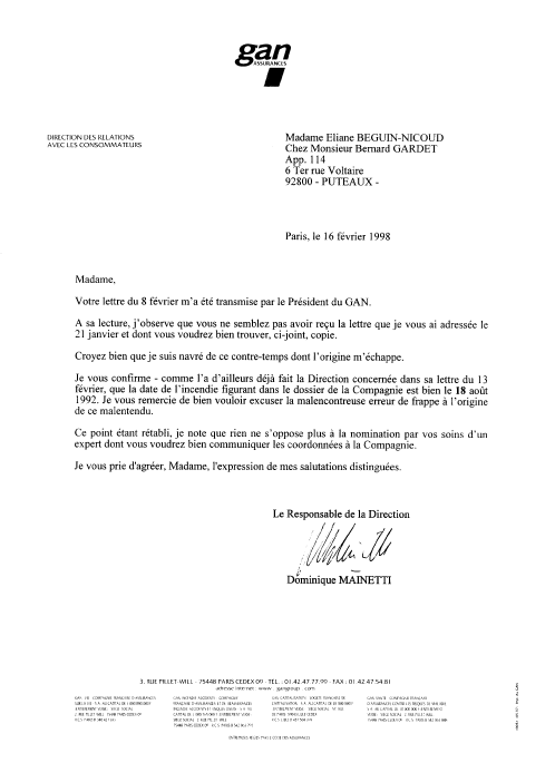 Didier PFEIFFER Pr�sident du GAN a transmis ma lettre du 8 f�vrier 1998 a Dominique MAINETTI