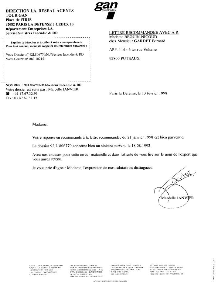 Lettre AR. du 13 f�vrier 1998  sign�e Marcelle JANVIER Secteur Incendie & RD,