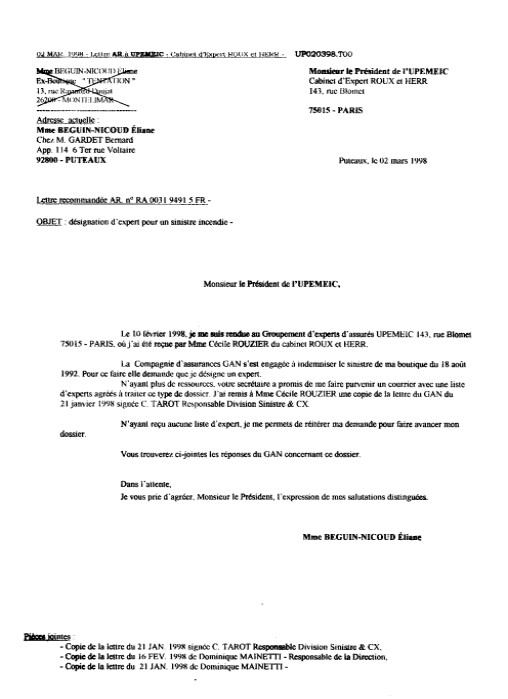 Lettre � l'UPEMEIC / le Gan Assurance