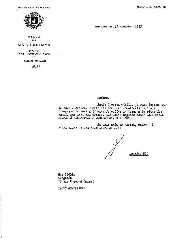 M. Maurice PIC, S�nateur-Maire de Mont�limar promet d'intervenir suite aux vols et agressions