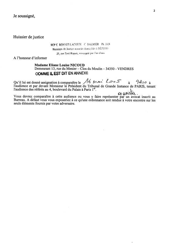27 avril 2005 - J'ai re�u acte de SCP BONNET-LACOSTE  DALMIER JAN HUISSIERS