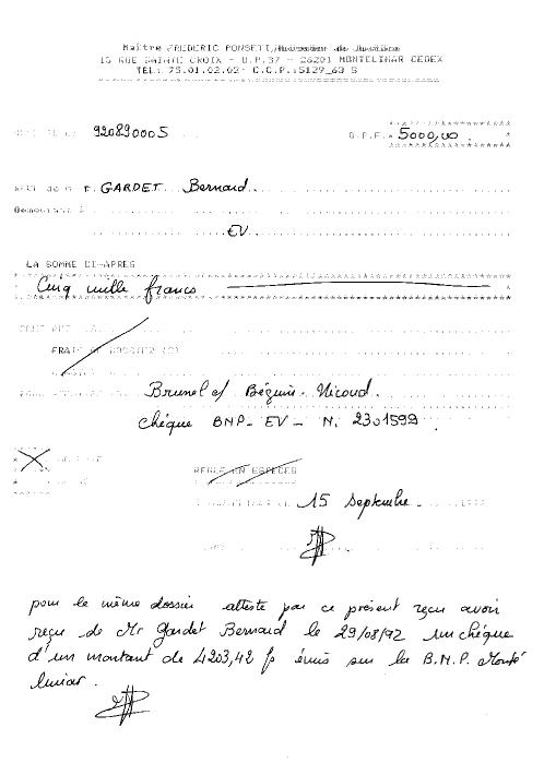 Attestation des ch�ques vers�s � Me Ponseti Fr�d�ric - 