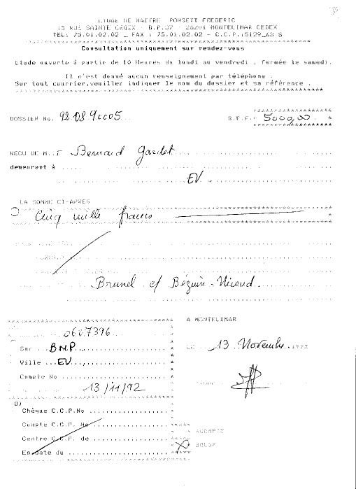 Attestation des ch�ques vers�s � Me Ponseti Fr�d�ric.