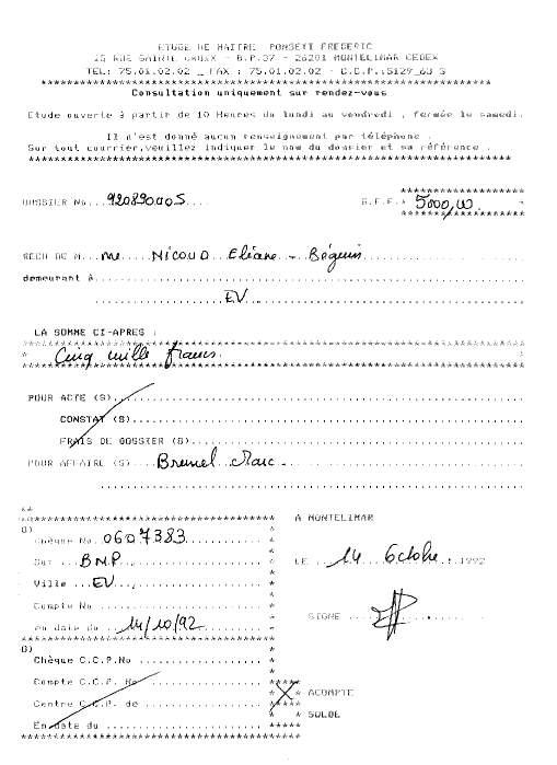 Attestation des ch�ques vers�s � Me Ponseti Fr�d�ric.