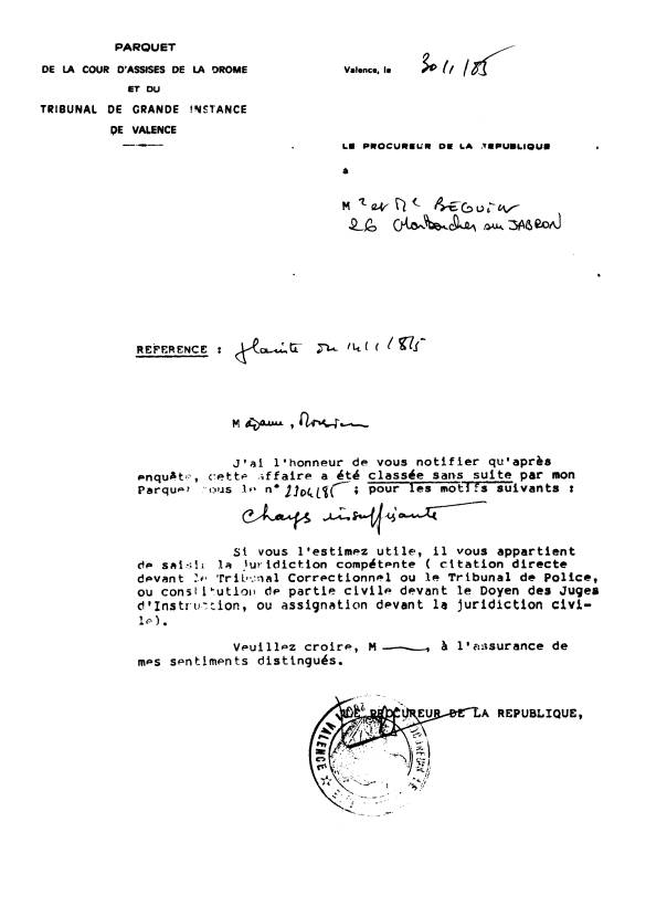 30 janvier 1985 - R�ponse du Parquet N� 1439/85 Valence - Class�e sans suite 