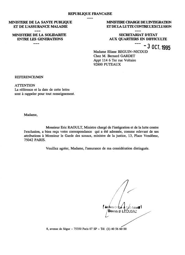 03 OCT. 1995 - R�ponse de Bernard Leclerc pour le Ministre �ric RAOULT 