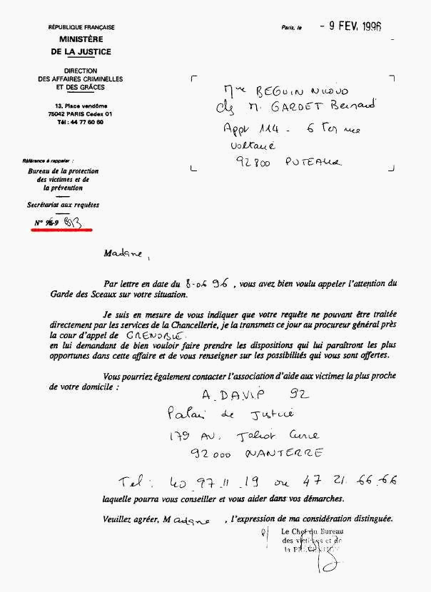 09 FEV. 1996 - R�ponse de la Direction des Affaires Criminelles et des Gr�ces sign�e B.B.