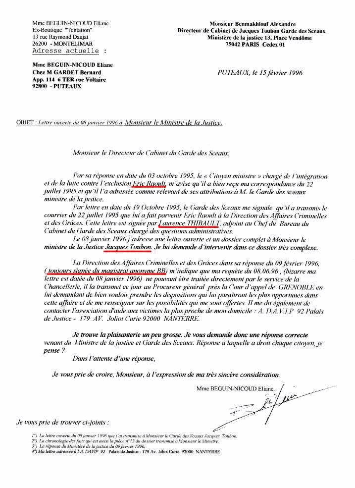 15 F�vrier 1996 - Lettre � Alexandre BENMAKHLOUF Directeur de Cabinet du Garde des Sceaux Jacques Toubon.