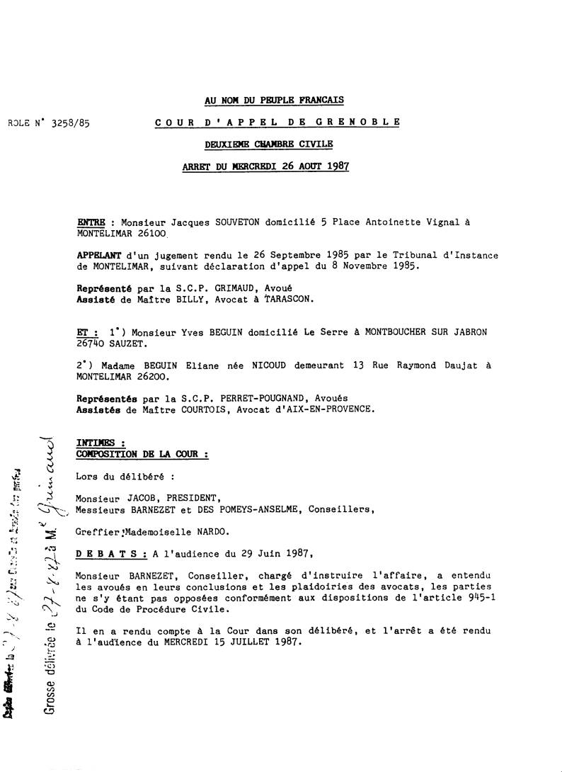 26 AOU. 1987 - Arr�t Grenoble transmis par PERRET et POUGNAND [mon chien dobermann Ulric]