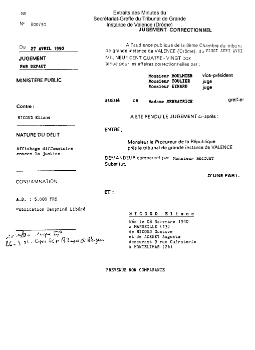  27 avril 1990 - TGI. de Valence - Pr�sident Bernard BOULMIER