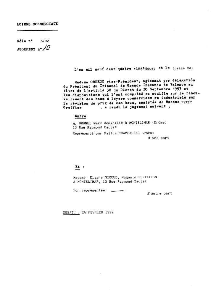 13 mai 1992 - JUGEMENT TGI. VALENCE - Nicole OBREGO - acte de l'huissier Fr�d�ric PONSETI de Mont�limar