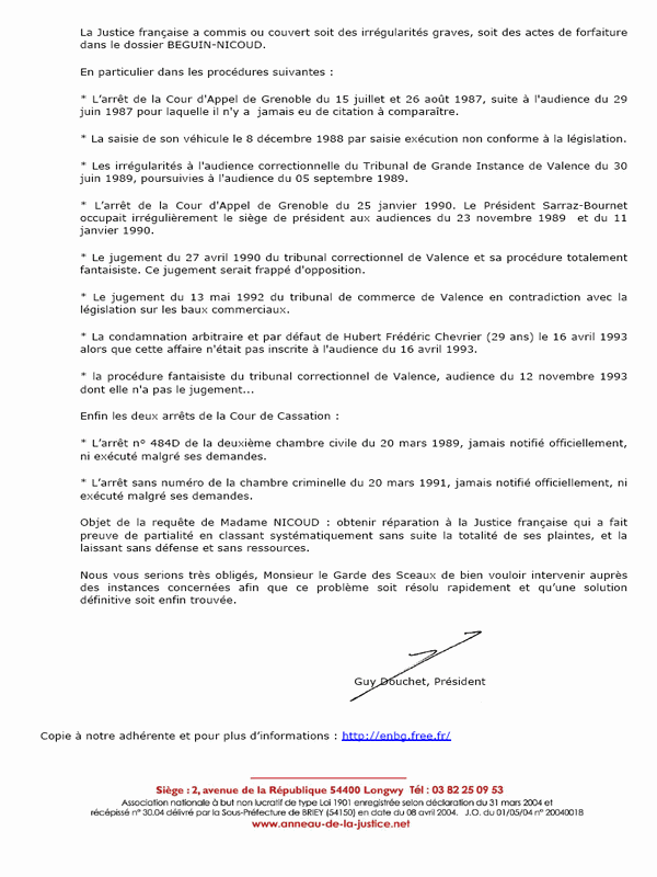 Guy DOUCHET Pr�sident de l'Anneau de la Justice �crit au Ministre Dominique PERBEN pour l'Affaire BEGUIN-NICOUD page 2