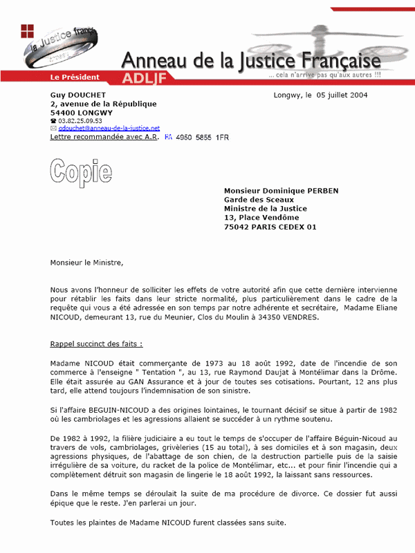 Guy DOUCHET Pr�sident de l'Anneau de la Justice �crit au Ministre Dominique PERBEN pour l'Affaire BEGUIN-NICOUD page 1