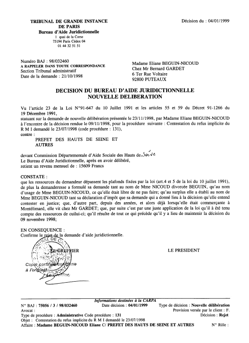 Rejet de la demande d�Aide Juridictionnelle d�pos�e par la requ�rante pr�s le Tribunal de